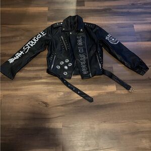 Black Leather Jacket with White Graphics